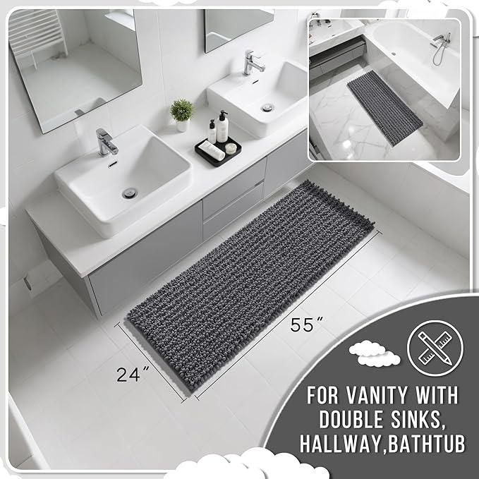 Yimobra Bathroom Runner Rug 55x24 Inch - Extra Long Non Slip Chenille Bath Mat, Soft & Absorbent, Machine Washable Shaggy Hallway Carpet for Vanity Tub Shower, Dark Gray Home Decor Accessories - ModernBath