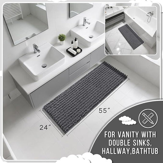 Yimobra Bathroom Runner Rug 55x24 Inch - Extra Long Non Slip Chenille Bath Mat, Soft & Absorbent, Machine Washable Shaggy Hallway Carpet for Vanity Tub Shower, Dark Gray Home Decor Accessories - ModernBath