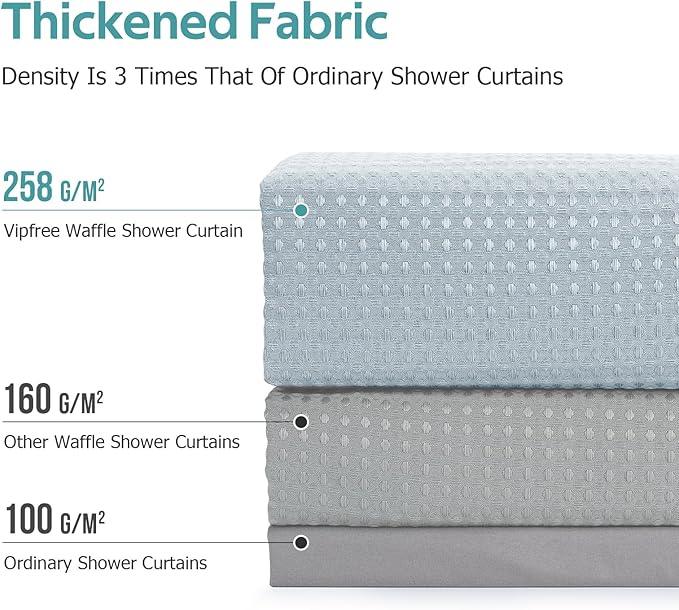 Vipfree 3 in 1 Shower Curtain Set, Waffle Shower Curtain and Liner Set with 12 Double Sided Shower Curtain Hooks, 258GSM Luxury Weighted Cloth Shower Curtains for Bathroom, 72 W x 72 H, Fog Blue - ModernBath
