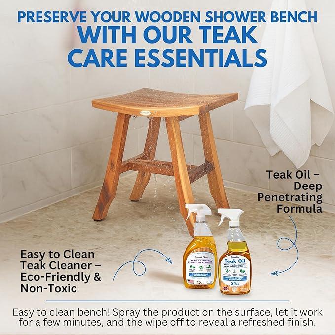 EcoDecors Satori Teak Wood Shower Bench, Fully Assembled, 24 Inch, EarthyTeak Finish + Loveable 4 Pack - ModernBath