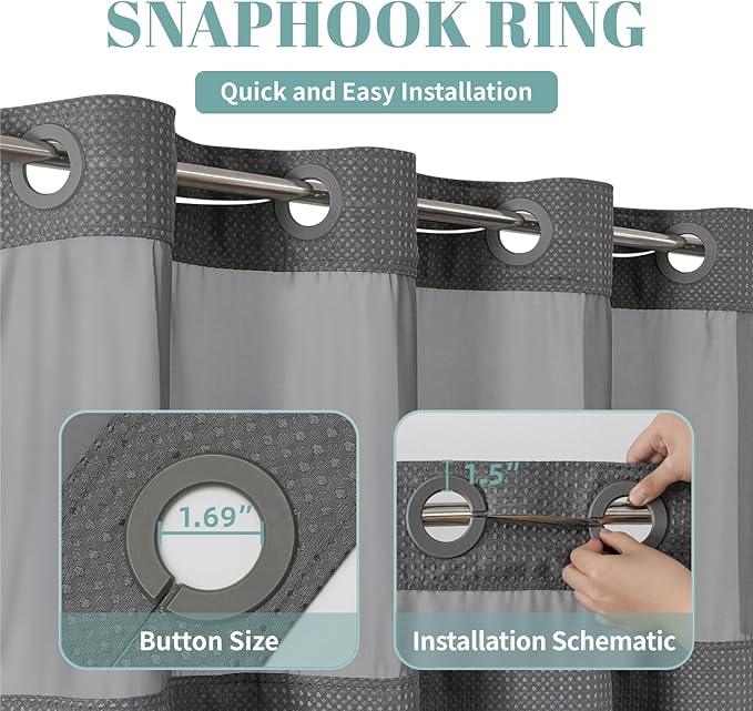 eachope Charcoal No Hook Waffle Weave Shower Curtain with snap-in Liner Replacement, 230GSM Waterproof Fabric Hotel Shower Curtain Set for Bathroom, Through Mesh Top Window,60Wx74H - ModernBath
