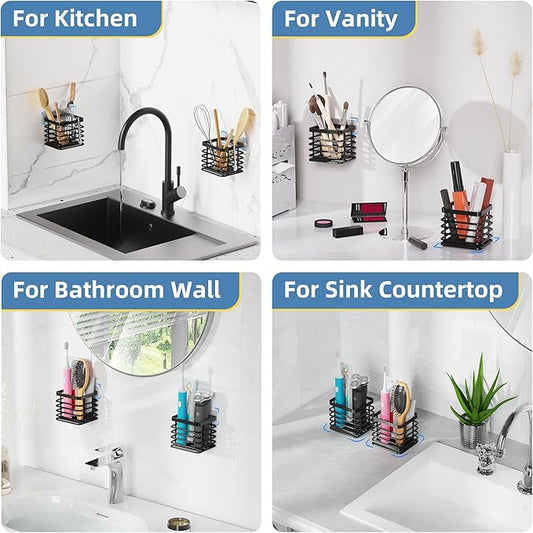 KEGII Set of 2 Wall Mount Toothbrush Holders with Tension Pole Shower Caddy, Rustproof Bathroom Organizer with Soap Holder & Hooks, 4 Adjustable Shower Shelves for Renters, 25-114.2 inch Black