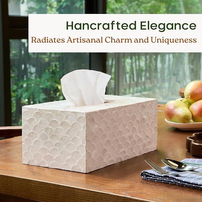 CHI AN HOME Rectangular Capiz Tissue Box Cover, Decorative Mother of Pearl Inlay Tissue Box Holder for Bedroom, Bathroom, Kitchen, and Office, Rectangle Tissue Box Cover White (10.25” x 5.9” x 4.33”) - ModernBath