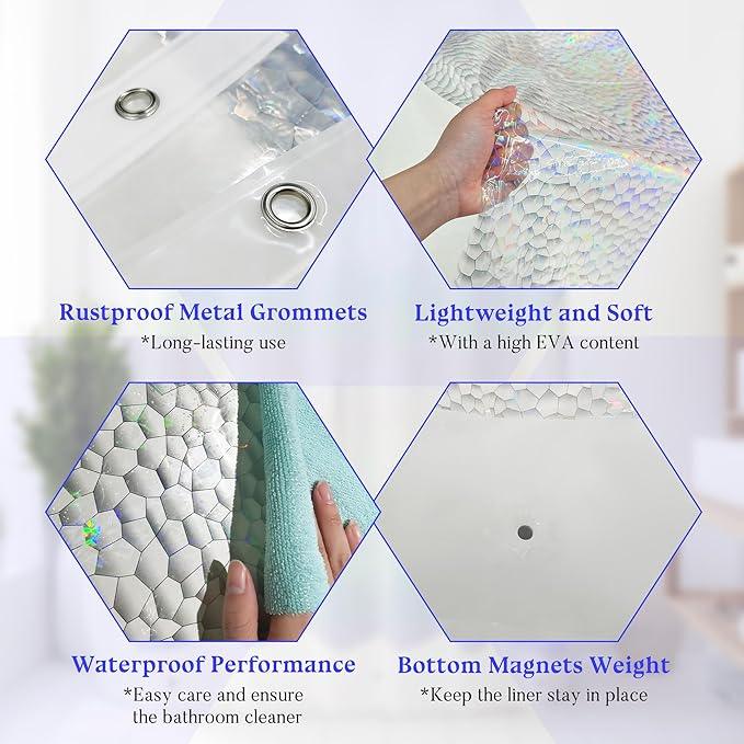 Mrs Awesome Holographic Shower Curtain Liner with 3 Magnets for Bathroom, Waterproof Clear Water Cube Plastic Iridescent Shower Curtain Sparkly, Glitter PEVA Liner 72 x 72 inches - ModernBath
