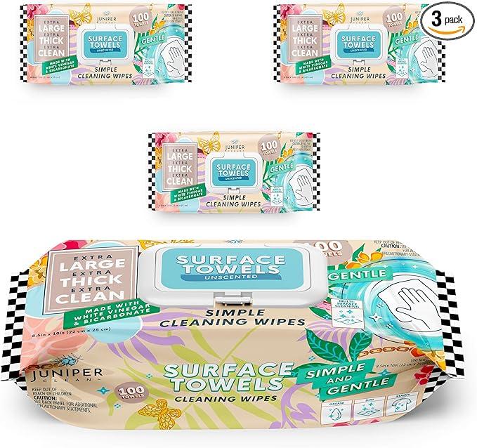 Juniper CLEAN 3 Packs Surface Cleaning Wipes Bleach Free, Thick & Large Dispose, All-Purpose Cleaner for Bathroom, Kitchen, Office, 100 Count Soft Flow, Biodegradable, No Scent - ModernBath