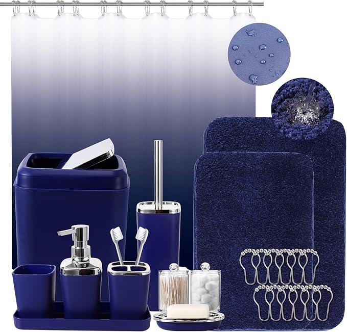 XLHOMO 24PC Navy Blue Bathroom Set with Shower Curtain and Rugs, Blue Bathroom Sets Complete with Trash Can,Soap Dispenser,Soap Dish,Toilet Brush,Toothbrush Holder and Cup,Tray,Q-Tip Holders - ModernBath
