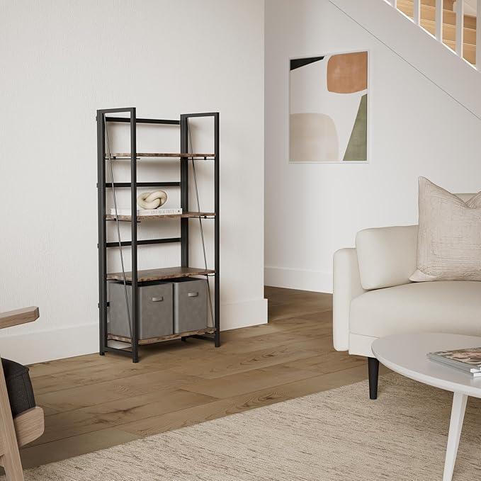 4NM No Assembly Folding Bookshelf Storage Shelves 4 Tiers Vintage Bookcase Standing Racks Study Organizer Home Office (Rustic Brown Black) - ModernBath