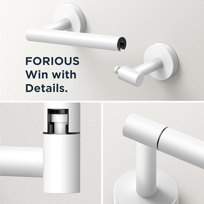FORIOUS Toilet Paper Holder Wall Mount, SUS304 Stainless Steel Double Post Pivoting Tissue Roll Holder and Hand Towel Ring Set for Bathroom, RV, Bathroom Hardware Accessories Set, White - ModernBath
