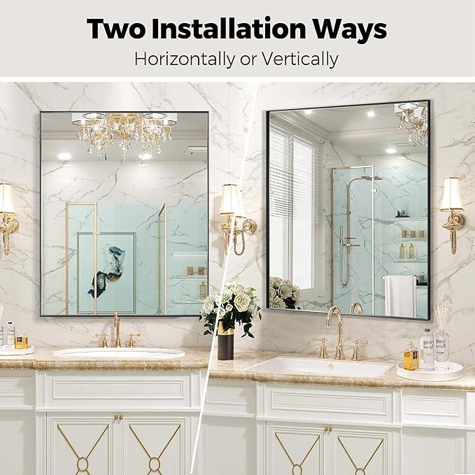 Bonverre 24x32 Inch Black Bathroom Mirror for Wall, Aluminum Frame Rectangle Rectangular Vanity Mirror, Modern Large for Bedroom, Living Room, Horizontal or Vertical - ModernBath
