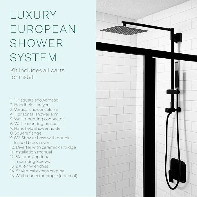 Fennocasa Polaris Lux Rain Shower System, includes 10” Square Rainfall Shower Head and Handheld Shower Combo, Height Adjustable Spray Holder, Retrofit, 60” Hose (2.5 GPM Matte Black) - ModernBath