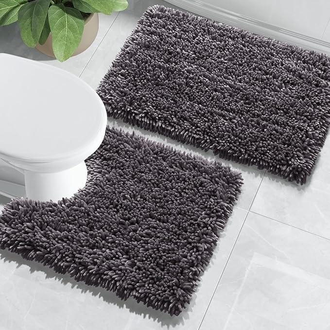 Yimobra Bathroom Rugs Sets 2 Piece, Soft Absorbent Bath Mat and U-Shaped Toilet Rug with Non Slip Backing, Luxury Shaggy Bath Mats for Bathroom, Machine Washable, 24"x17"+24"x20", Dark Grey - ModernBath