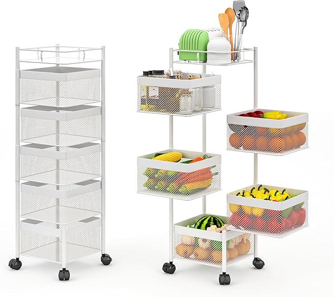 Fruit Basket for Kitchen No Assembly,Rotating Kitchen Storage Rack,Bathroom Shelf, Organizers and Storage Cart on Rolling Wheels，Potato and Onion Storage Organizer(White, 5 Tier-Square) - ModernBath