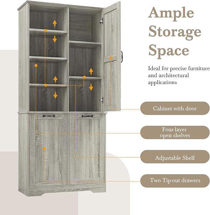 Bathroom Storage Cabinet with Doors and Drawers, Tilt-Out Laundry Hamper, Multiple Storage Space, Freestanding Style, Open Shelve, Adjustable Shelf (Oak) - ModernBath