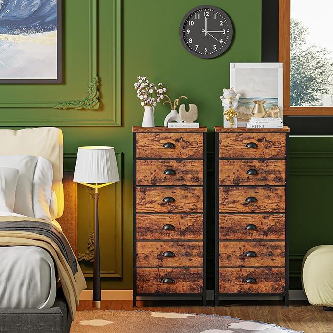 Furnulem Tall Dresser with 6 Drawers,Vertical End Table and Nightstand for Bedroom,Industrial Dorm Bedside Furniture with Fabric Storage Drawer Organizer in Living Room,Closet,Entryway(Rustic Brown) - ModernBath