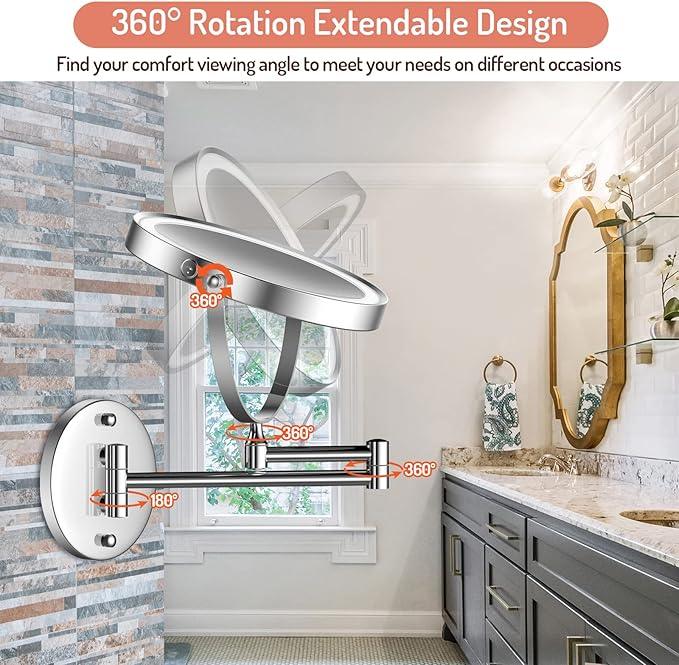 Rocollos Rechargeable Wall Mounted Lighted Makeup Mirror, 8 Inch Double-Sided LED Vanity Mirror 1X/7X Magnification,3 Color Lights Touch Screen Dimmable 360°Swivel 13 Inch Extendable - ModernBath