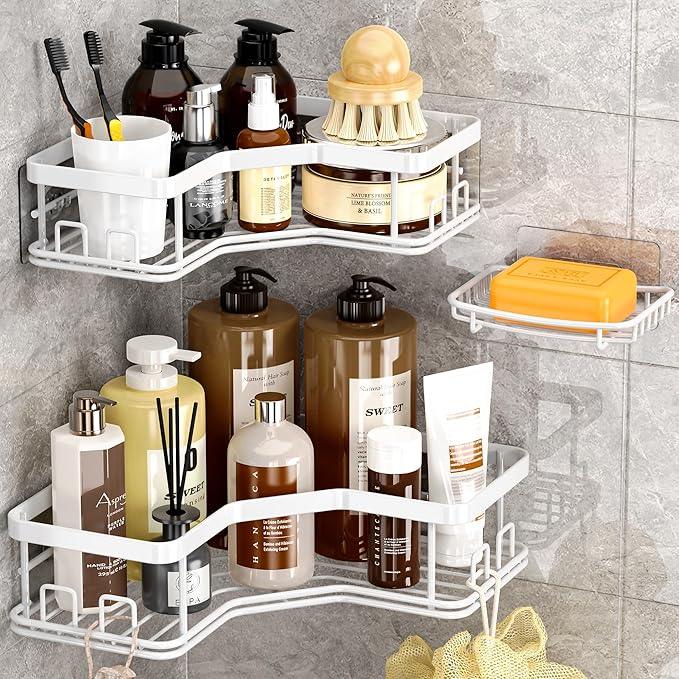 MAXIFFE 3 Pack X-Large Corner Shower Caddy with Soap Holder, Large Capacity Sturdy Easy Install No Drilling Stainless Steel Hold 40 LB Shower Organizer Shelves Rack for Family Renters Bathroom, White - ModernBath
