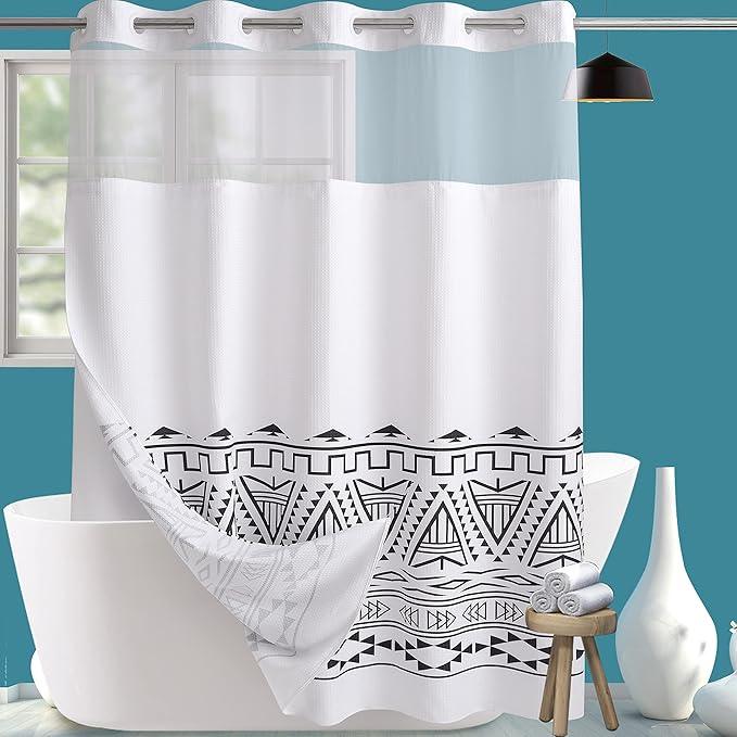 Conbo Mio No Hook Waffle Weave Shower Curtain with Snap in Liner Set, Hotel Luxury Boho Shower Curtains for Bathroom with See Through Top Window, Waterproof, Washable 71W x 74H White - ModernBath