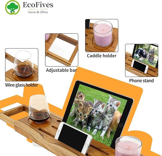 EcoFives Teak Bathtub Tray Caddy - Expandable Bath Tray - Adjustable Organizer Tray for Bathroom - Luxury Bath Caddy Tub Table, Bathtub Accessories & Bathroom Gadgets - ModernBath