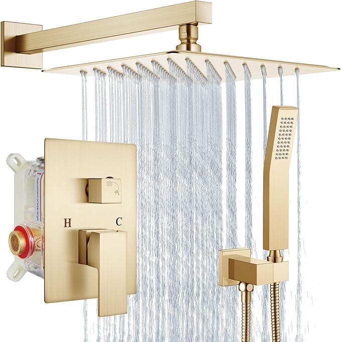 Aolemi Shower Faucet Set Rain Shower System with Handheld Spray Bathroom Shower Combo Rough-in Valve and Shower Trim Kit Included Brushed Gold 10 Inch Wall Mount Shower Head - ModernBath