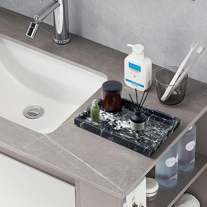 Zilukar Real Natural Marble Tray for Bathroom, Vanity, Kitchen and Desktop, Rectangle Genuine Marble Stone Tray for Jewelry, Cosmetics, Candles, Lotion, Perfume and Home Decor (Black) - ModernBath