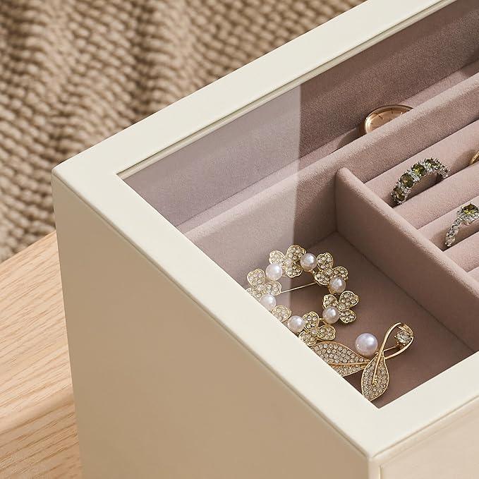 pickpiff Jewelry Box Organizer Case for Women: 5-Layer Jewelry Storage Case with Glass Window, Ivory Leather with Pink Velvet, Holder for Ring Necklace Bracelet Brooch Watch, Great Gift for Her - ModernBath