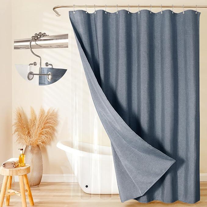 FY&XZH 3-in-1 Fabric Shower Curtain Set,Double Waterproof Linen-Texture Shower Curtain with PEVA Liner That Fully Prevents Splashes,Soft Shower Curtains with 12 Anti-Fall Hooks,72"x72" (Dark Blue) - ModernBath