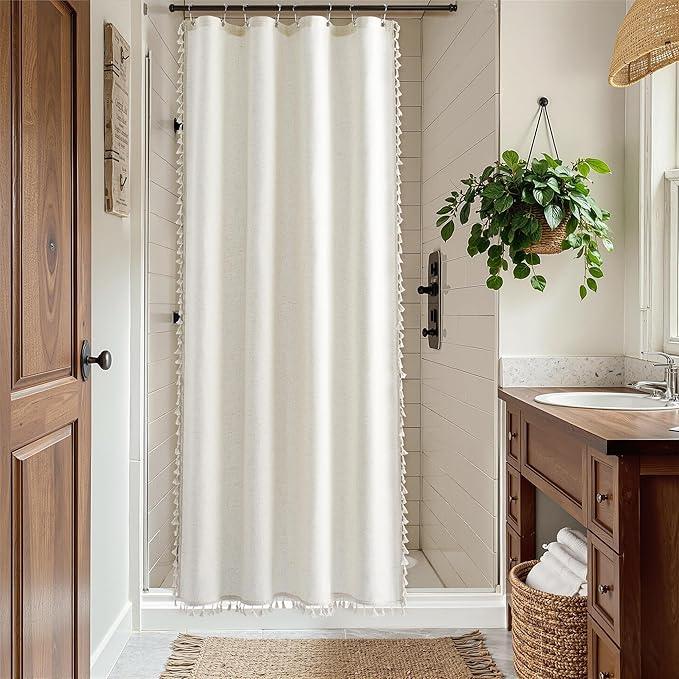 Nanspring Stall Natural Boho Linen Shower Curtain 48 Inches Neutral French Country Curtain for Bathroom Farmhouse Weighted Tassel Shower Curtain Set with Hooks Modern Vintage Style Decor 48x72, Cream - ModernBath