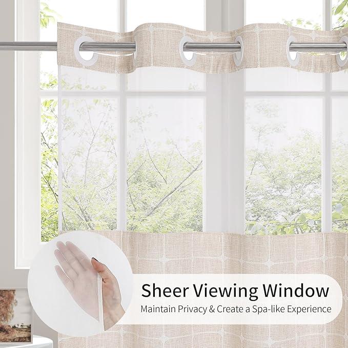 MitoVilla No Hooks Required Farmhouse Shower Curtain with Snap-in Liner - with Window & Magnets, Boho Cotton Linen Fabric Shower Curtains with Tassels for Rustic Bathroom Decor, Beige/Cream, 72 x 74 - ModernBath