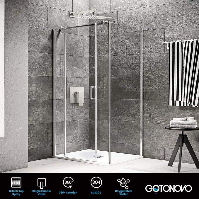 gotonovo Rainfall Shower Faucet Set System Shower Trim Kit with 10 Inch Rain Shower Head Bathroom Mixer Shower Complete Combo Single Handle Wall Mounted Female Thread Rough-in Valve Brushed Nickel - ModernBath