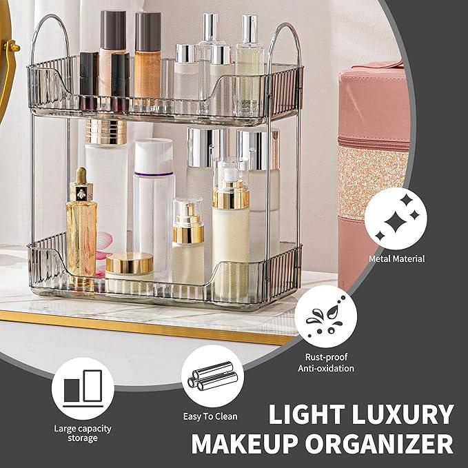 YCIA&DONE Bathroom Organizer Countertop, Makeup Storage, Skincare Cosmetic Tray Shelf, Perfume Holder Rack for Vanity Counter, Large Capacity, Easy to Install, Clean, 2 Tiers, Smoky Gray - ModernBath