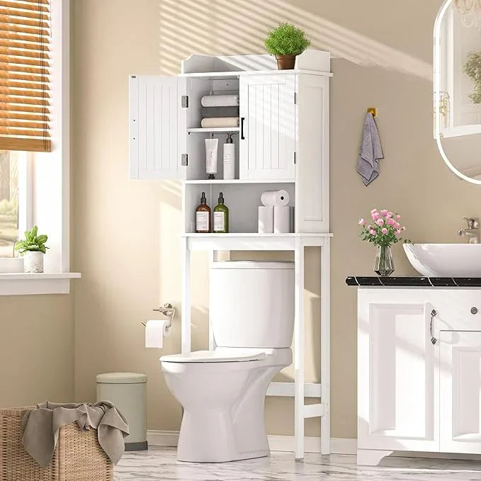VEIKOU Over The Toilet Storage Cabinet, Bathroom Cabinet, Freestanding Over The Toilet Storage/Adjustable Shelf Rack, White - ModernBath