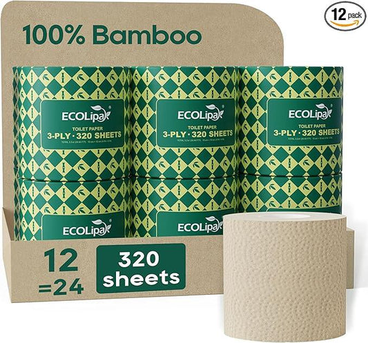ECOLipak Bamboo Toilet Paper 3 Ply, Septic Safe Toilet Tissue, 12 Double Rolls, 320 Sheets Per Roll, Tree Free, Non Toxic, Soft and Absorbent, Eco Friendly Dye-Free Paper, Brown - ModernBath
