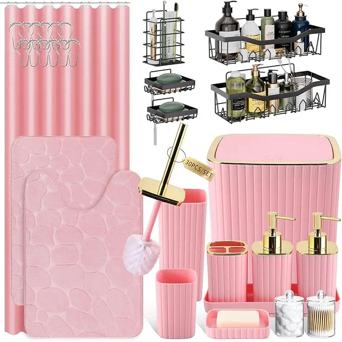 XLHOMO 30PC Bathroom Accessories Set - Gorgeous Pink Bathroom Set, Bathroom Accessory Set, Pink Shower Curtain Set with 5PC Shower Caddy - ModernBath