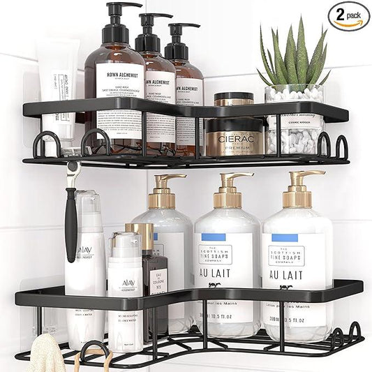 Corner Shower Caddy - 2 Pack, Adhesive Shower Organizers, Rustproof Stainless Steel Shower Shelves with 8 Hooks, No Drilling Bathroom Organizers and Storage Racks, Space-Saving, Black,Medium - ModernBath
