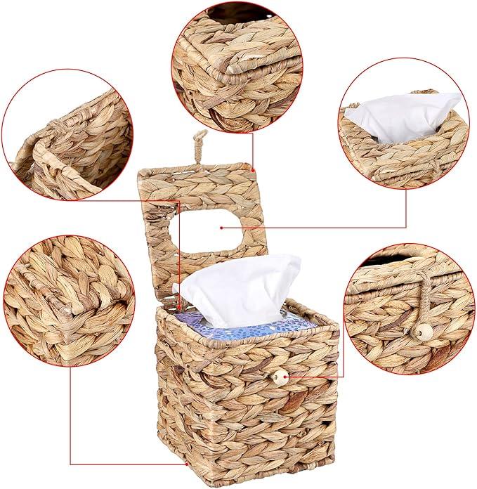 Sumnacon Tissue Box Cover Square Tissue Box with Lid, Wicker Tissue Cover for Home Office Table (Water Hyacinth, Natural) - ModernBath