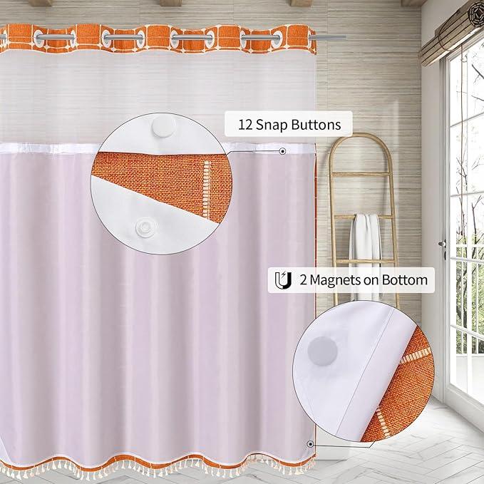 MitoVilla No Hooks Required Orange Shower Curtain with Snap-in Liner - with Window & Magnets, Boho Cotton Linen Fabric Shower Curtains with Tassels for Rustic Bathroom Decor, Burnt Orange, 72 x 74 - ModernBath