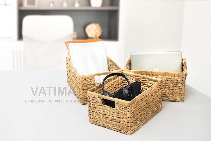 Large Wicker Basket Rectangular with Wooden Handles for Shelves, Water Hyacinth Basket Storage, Natural Baskets for Organizing, Wicker Baskets for Storage 14.5 x 10.3 x 7.5 inches - 3 Pack - ModernBath
