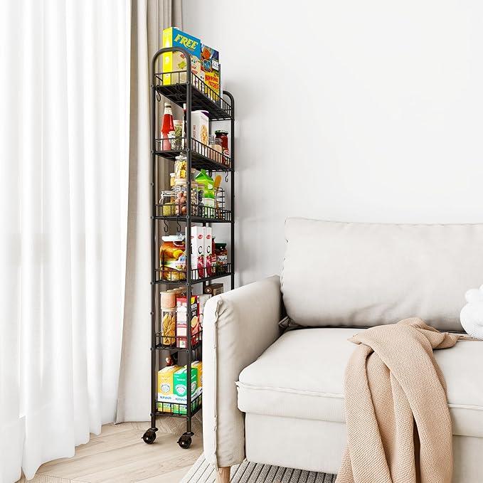 Slim Rolling Storage Cart with Wheels, Metal 6 Tier Mobile Shelving Unit Organizer Kitchen Utility Cart for Office Bathroom Kitchen Laundry Room Narrow Places (6inches) - ModernBath