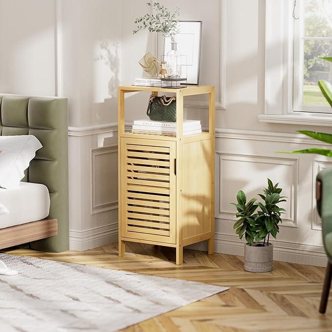 HITNET Bathroom Cabinet Freestanding, Small Bamboo Floor Cabinet, 4 Tier Single Door Sofa Side Table Storage Organizer, Space Saving Kitchen Cupboard, Natural - ModernBath