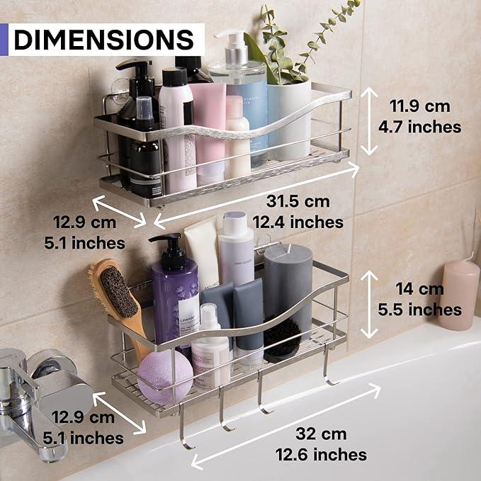 KINCMAX Premium Shower Caddy, Self Adhesive Wall Shower Organizer, 2-Pack No Drill Bathroom Shelves, Rustproof Stainless Steel Shampoo Holder, Storage Rack, Silver - ModernBath