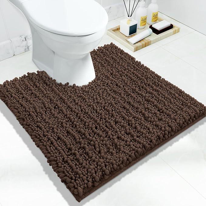 Yimobra Toilet Rug U Shaped Washable 24x24 Inch - Ultra Soft Absorbent Chenille Bath Rugs for Toilet, Quick Dry & Machine Washable, Non Slip Contour Bathroom Mat, Brown - ModernBath