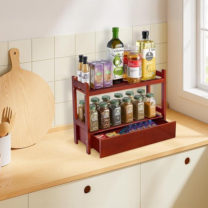 Sorbus Bamboo Bathroom Counter Organizer – 2-Tier Shelf with Hidden Drawer for Vanity, Matcha Station, Bathroom Sink Organizer Countertop, Kitchen & Office Storage (17″ L x 6.5″ W x 12.6″ H) (Brown) - ModernBath