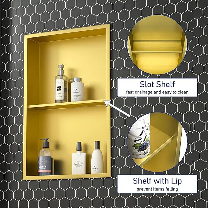 Stainless Steel Shower Niche 14"×24" Gold with 2-Tiers Shelf No Tiled Needed Niche Shower for Wall Recessed Shower Box for Bathroom Shower Storage - ModernBath