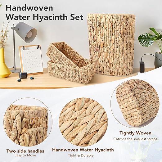 BSSN Water Hyacinth Trash Can 15L & Toilet Tank Basket,Natural Wicker Waste Bin with 2 Multifunctional Organizer Baskets for Bathroom, Toilet, Kitchen, Bedroom, Office, Balcony Decor - ModernBath