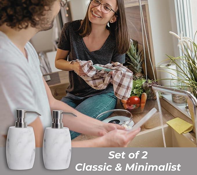 Clasin Home Resin Soap Dispenser Set 2, Refillable Hand Soap Dispenser with White Marble Look and Metallic Pump, Kitchen, Bathroom, Waterproof Labels (12 Oz) - ModernBath