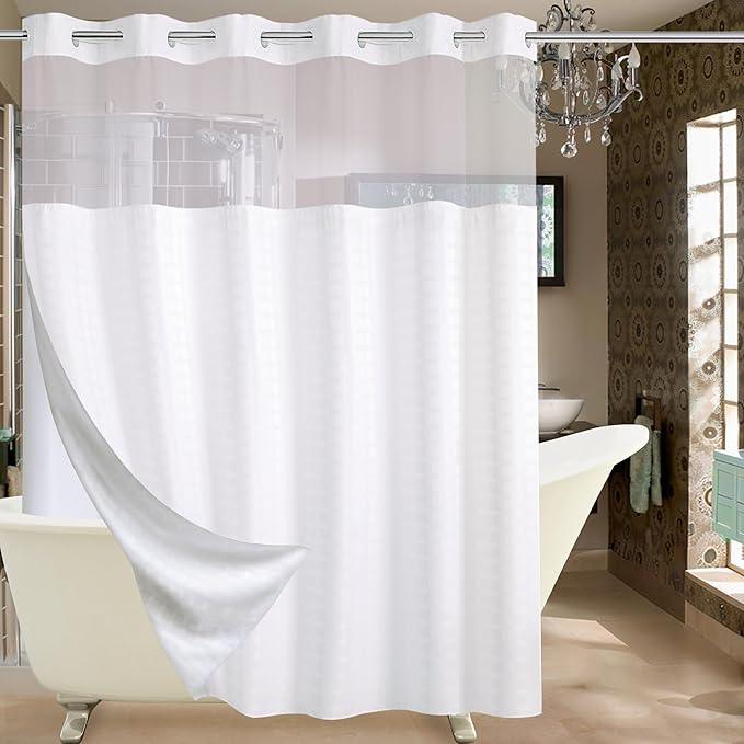 Conbo Mio Extra Wide No Hook Shower Curtain with Snap in Liner Set, 108" x 74" Hotel Luxury White Shower Curtains for Bathroom with See Through Top Window, Waterproof, Washable 108W x 74H - ModernBath