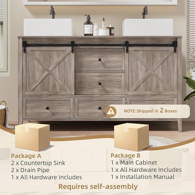 VNN Bathroom Vanity with Sink - 60 Inch Bathroom Vanity Double Sink Ceramic, Freestanding Cabinet with 2 Farmhouse Sliding Barn Doors and 5 Drawers, Space-Saving Storage Cabinet, Grey Wood Grain - ModernBath