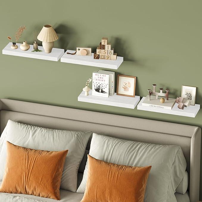 Fixwal 15.8in Floating Shelves, Rustic Wood Finish Wall Shelves Set of 4, Shelves for Wall Decor, with Invisible Brackets for Bathroom, Living Room,Bedroom and Kitchen(White) - ModernBath