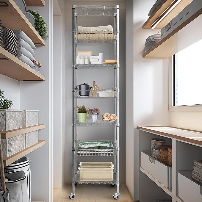 Finnhomy Heavy Duty 7 Tier Wire Shelving Unit with Wheels 18x18x78.8-inches 7 Shelves Metal Storage Rack Thicken Steel Tube, Adjustable Shelving Rack for Kitchen Bathroom Office, NSF Certified, Chrome - ModernBath