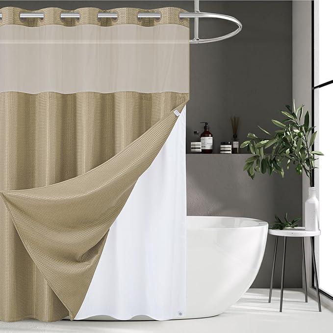 Furlinic Waffle Weave No Hook Shower Curtain with Snap in Fabric Liner Set,Heavy Duty Textured Bathroom Curtain with See Through Window,Waterproof & Machine Washable,Hotel Style,Beige,71x75 Inch - ModernBath